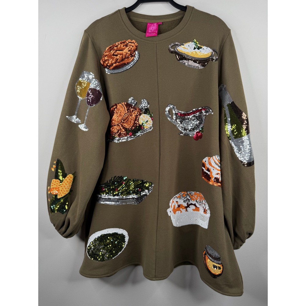Queen of Sparkles Thanksgiving Sequin Turkey Food Sweatshirt Olive Green Women S
